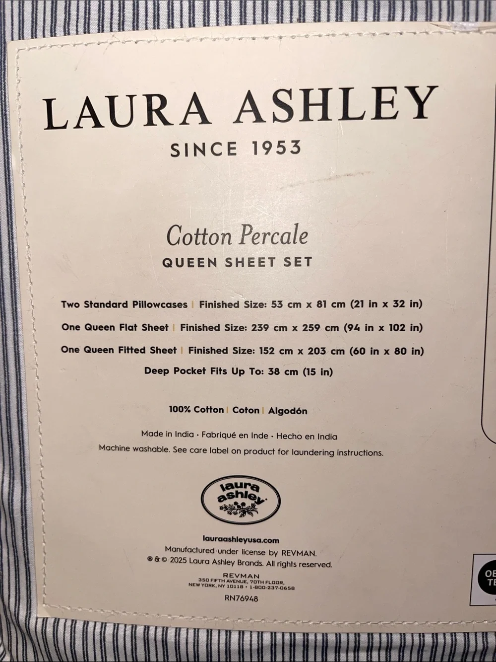 Laura Ashley Blue and White Pinstripe Cotton Percale Queen Sheet Set